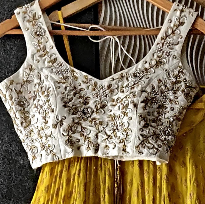 Sunshine Yellow Lehenga with Embroidered Ivory Blouse and Ivory Dupatta Priti Sahni - Fabilicious Fashion