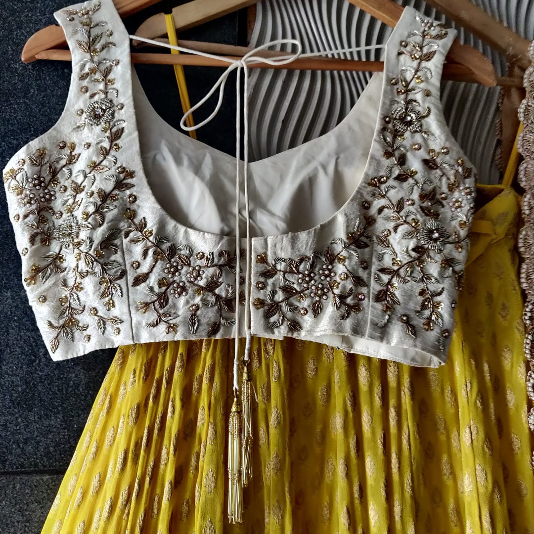 Sunshine Yellow Lehenga with Embroidered Ivory Blouse and Ivory Dupatta Priti Sahni - Fabilicious Fashion