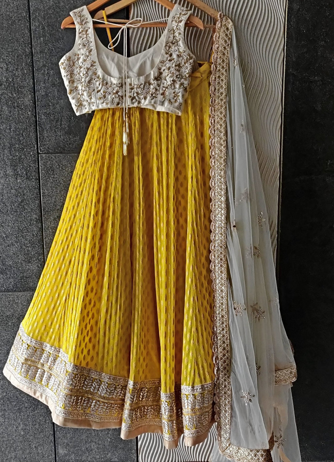 Sunshine Yellow Lehenga with Embroidered Ivory Blouse and Ivory Dupatta Priti Sahni - Fabilicious Fashion
