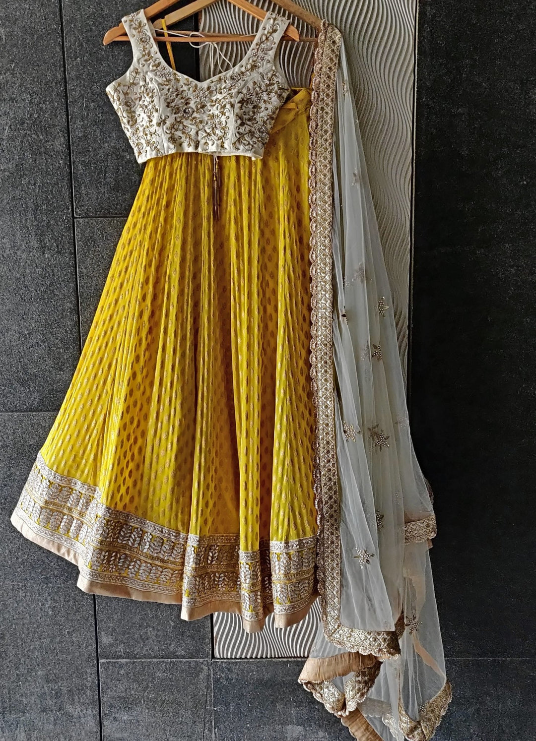 Sunshine Yellow Lehenga with Embroidered Ivory Blouse and Ivory Dupatta Priti Sahni - Fabilicious Fashion