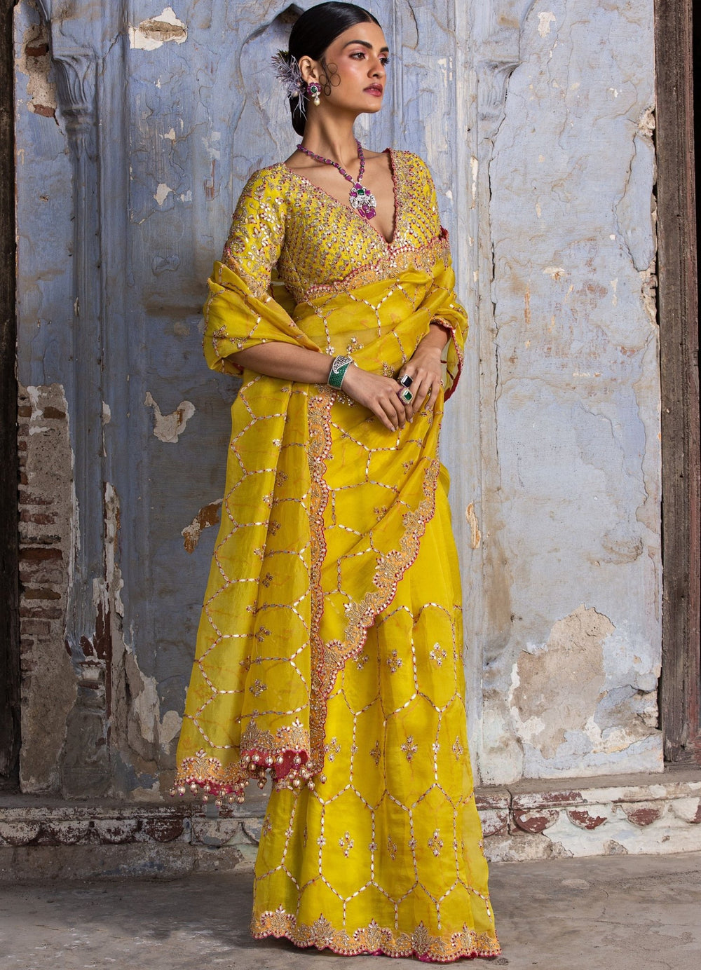 Sunshine Yellow Organza Saree Set Nitika Gujral - Fabilicious Fashion