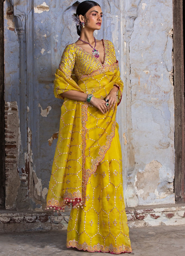 Sunshine Yellow Organza Saree Set Nitika Gujral - Fabilicious Fashion