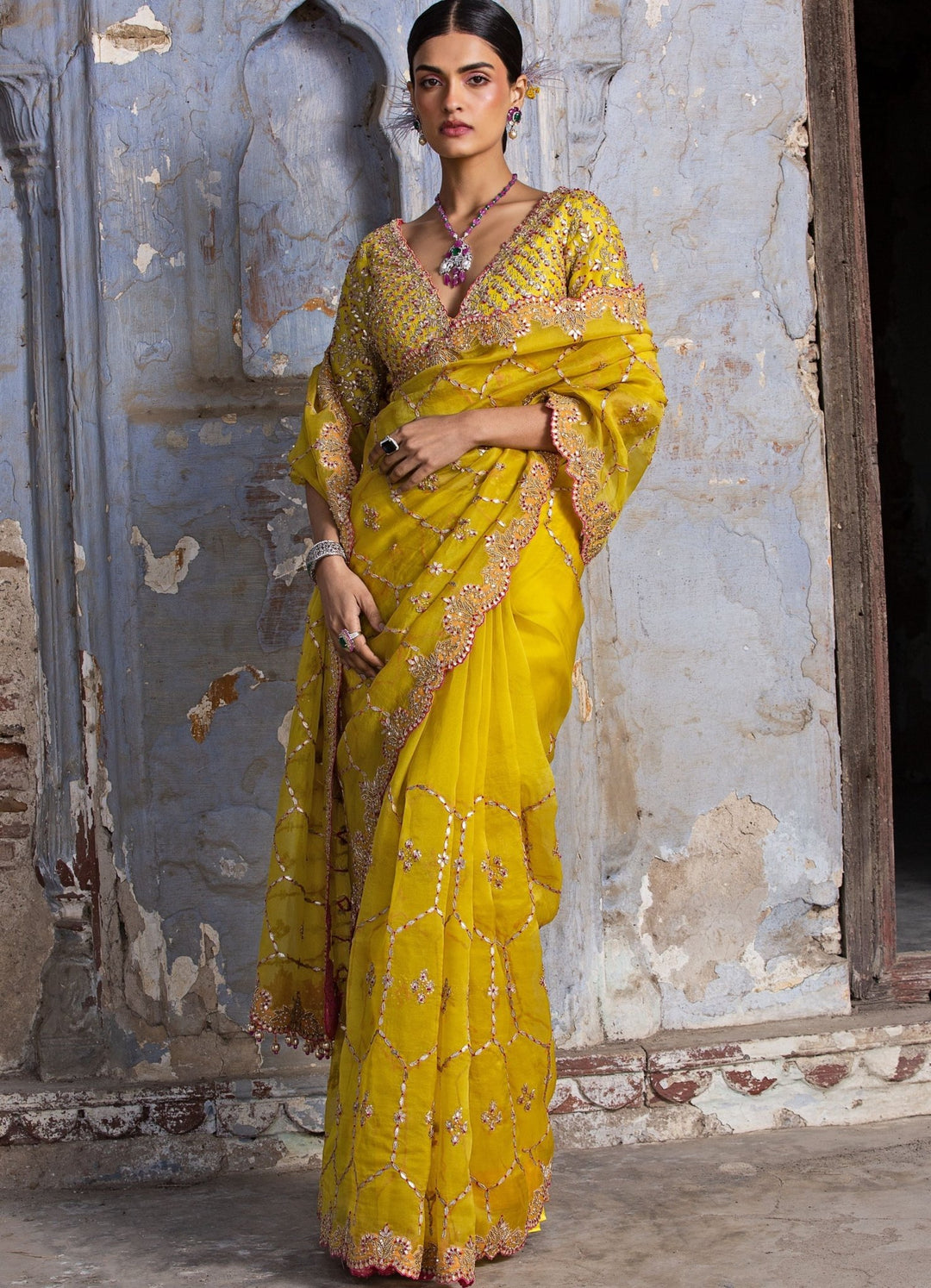 Sunshine Yellow Organza Saree Set Nitika Gujral - Fabilicious Fashion