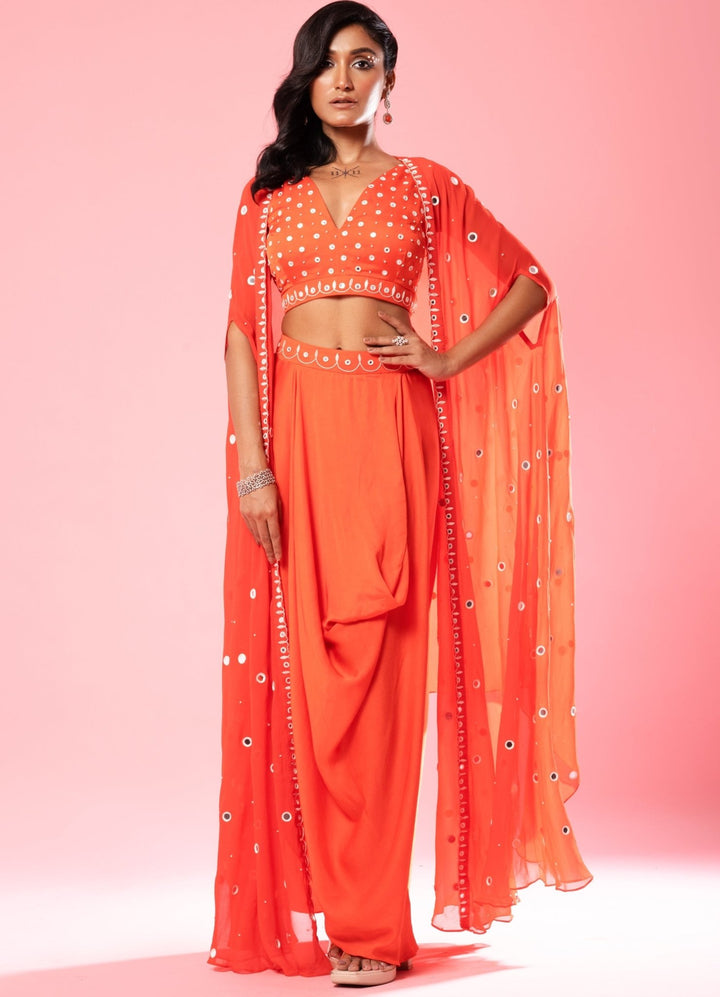 Tangerine Orange Dhoti Mirror Set QAT By Agni - Fabilicious Fashion