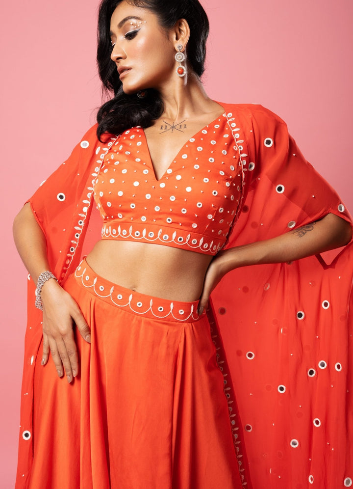 Tangerine Orange Dhoti Mirror Set QAT By Agni - Fabilicious Fashion