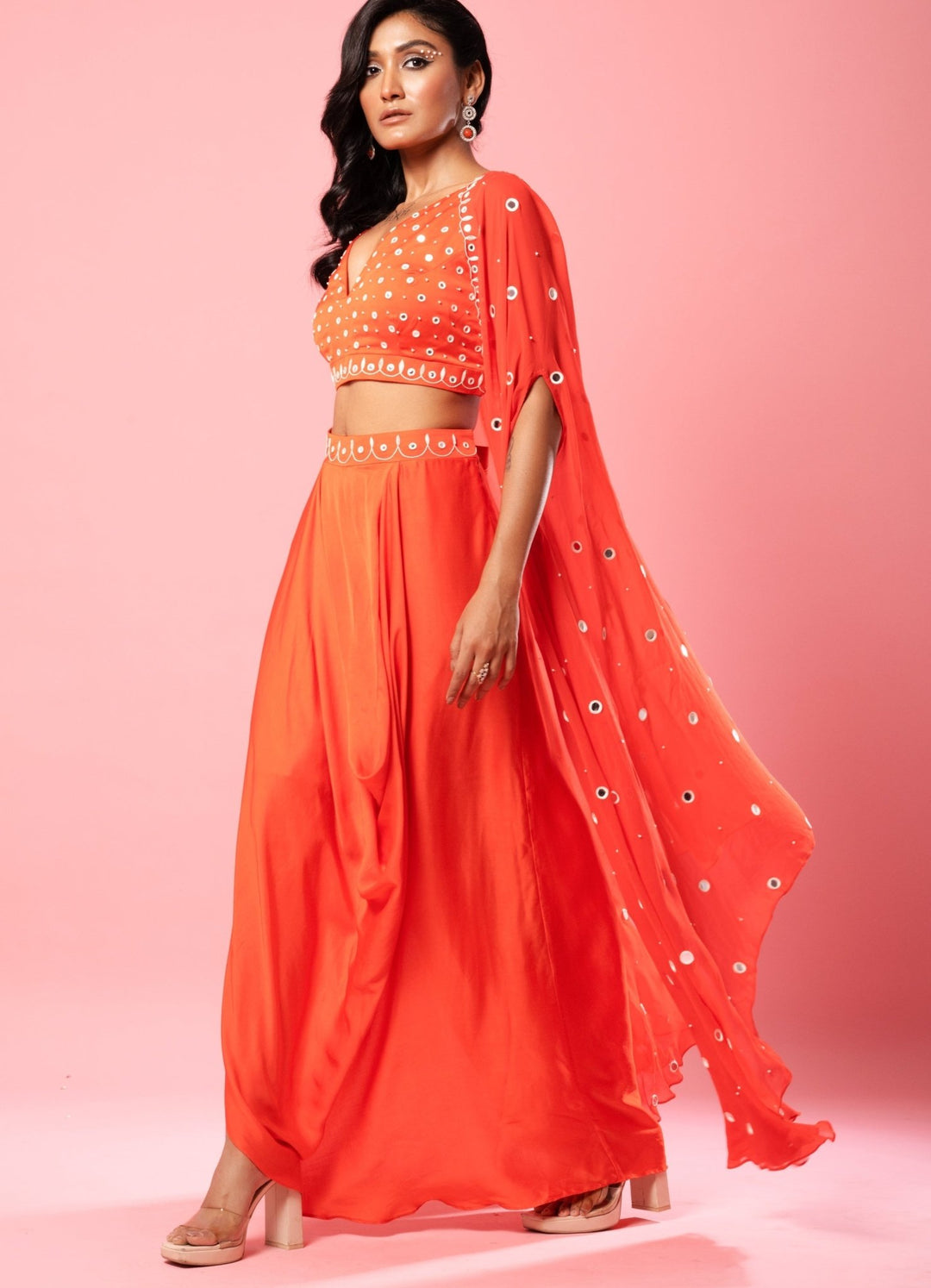 Tangerine Orange Dhoti Mirror Set QAT By Agni - Fabilicious Fashion