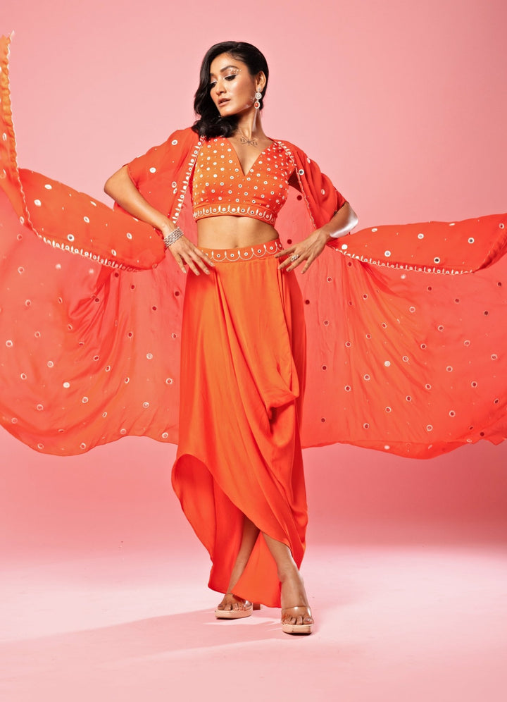 Tangerine Orange Dhoti Mirror Set QAT By Agni - Fabilicious Fashion