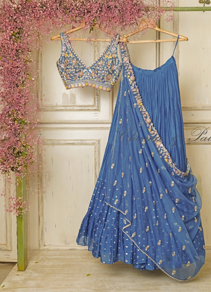 Tara Blue Meadow Embroidered Lehenga Set Chamee n Palak - Fabilicious Fashion