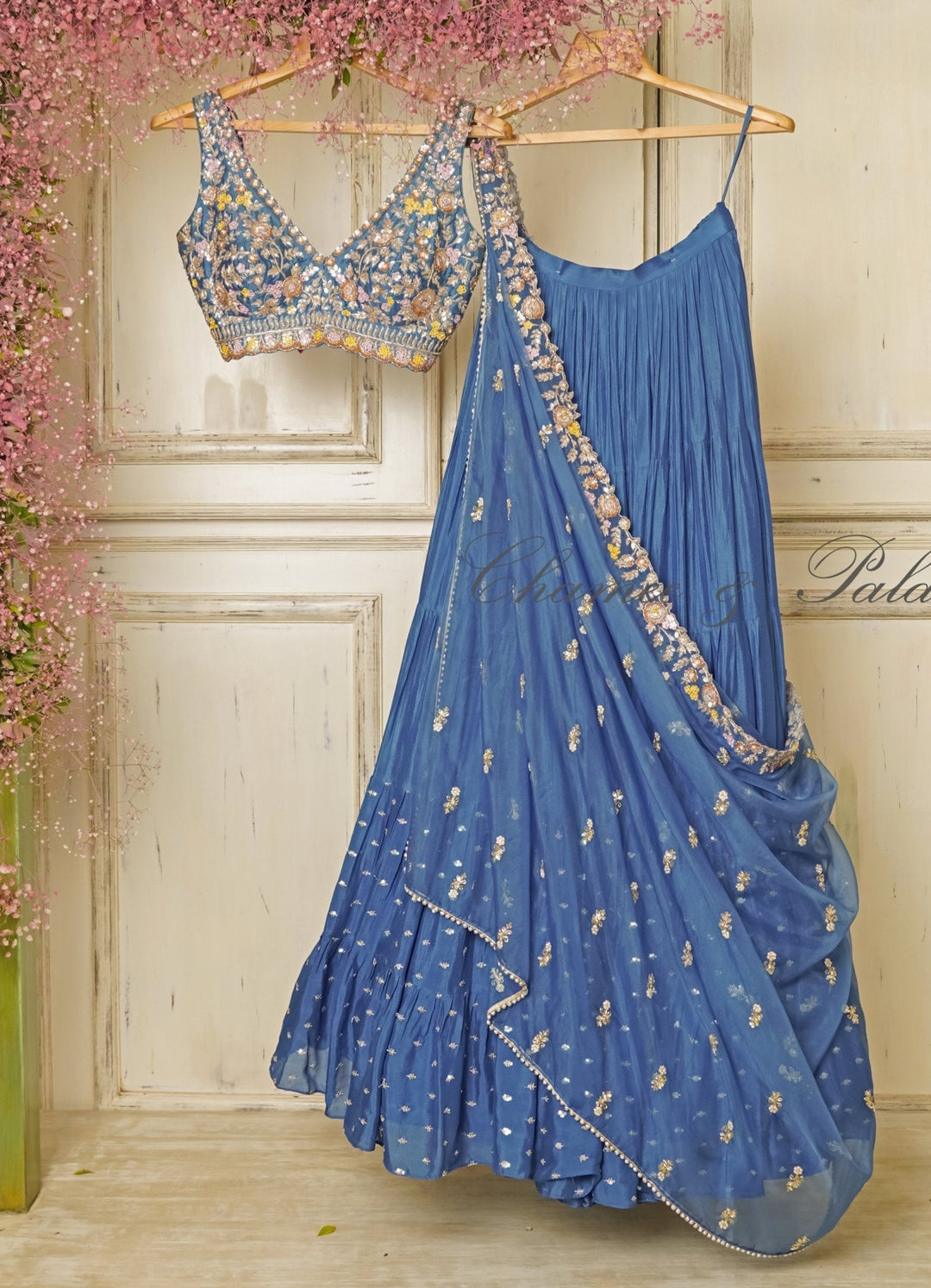 Tara Blue Meadow Embroidered Lehenga Set Chamee n Palak - Fabilicious Fashion