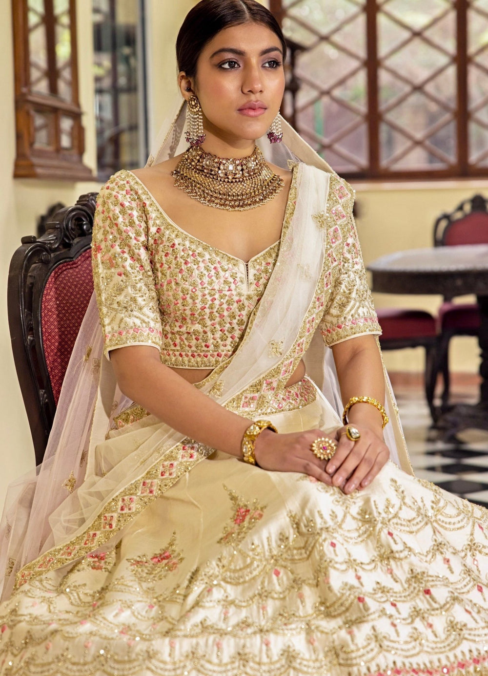 Tara Ivory and Blush Pink Double Dupatta Embroidered Silk Lehenga Set Angad Singh - Fabilicious Fashion