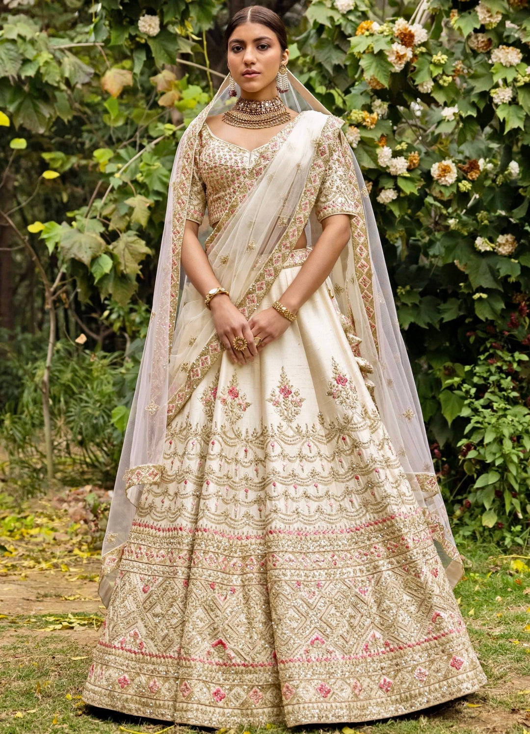 Tara Ivory and Blush Pink Double Dupatta Embroidered Silk Lehenga Set Angad Singh - Fabilicious Fashion