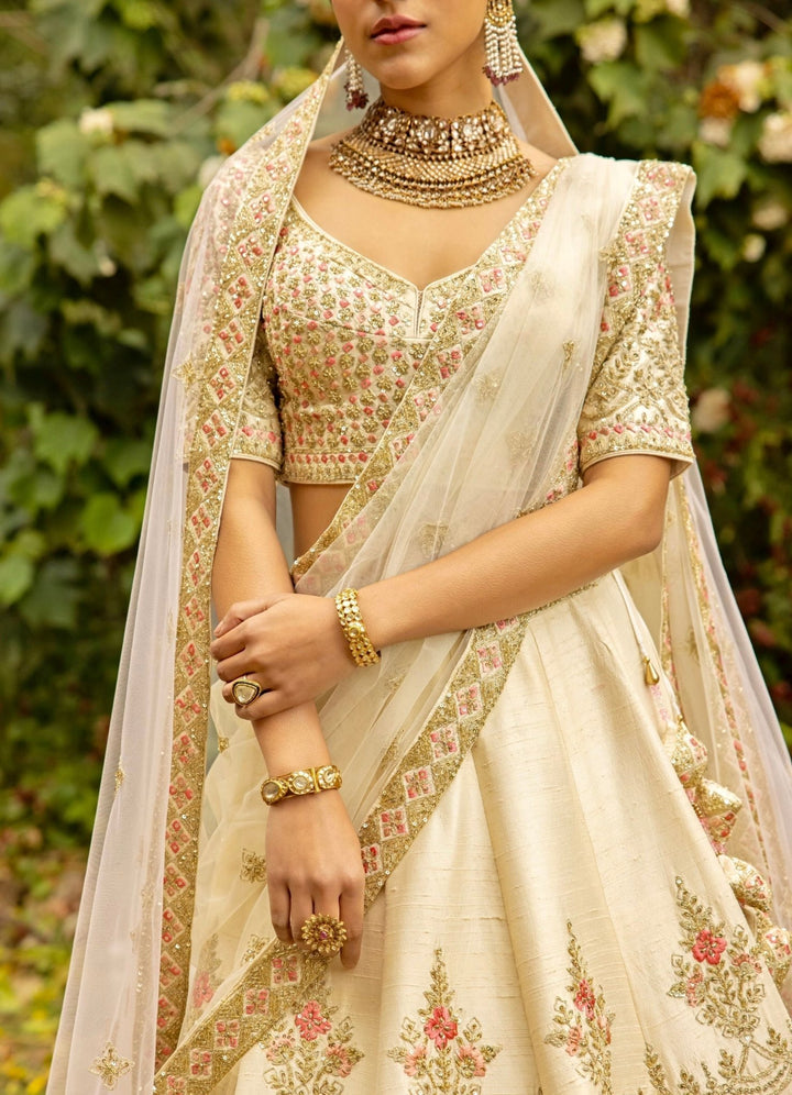 Tara Ivory and Blush Pink Double Dupatta Embroidered Silk Lehenga Set Angad Singh - Fabilicious Fashion