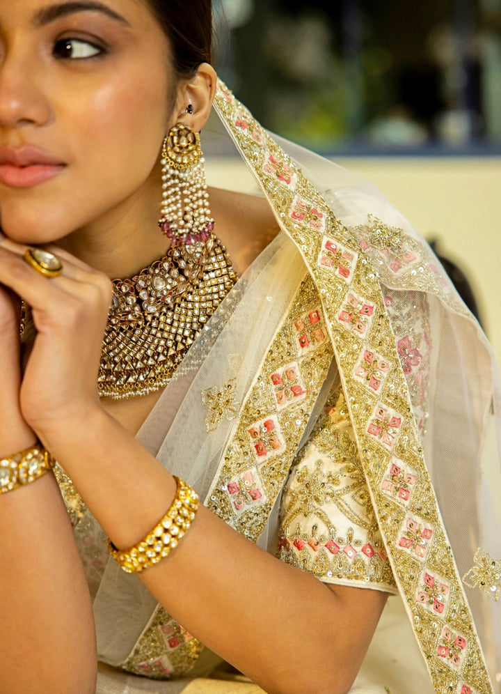 Tara Ivory and Blush Pink Double Dupatta Embroidered Silk Lehenga Set Angad Singh - Fabilicious Fashion