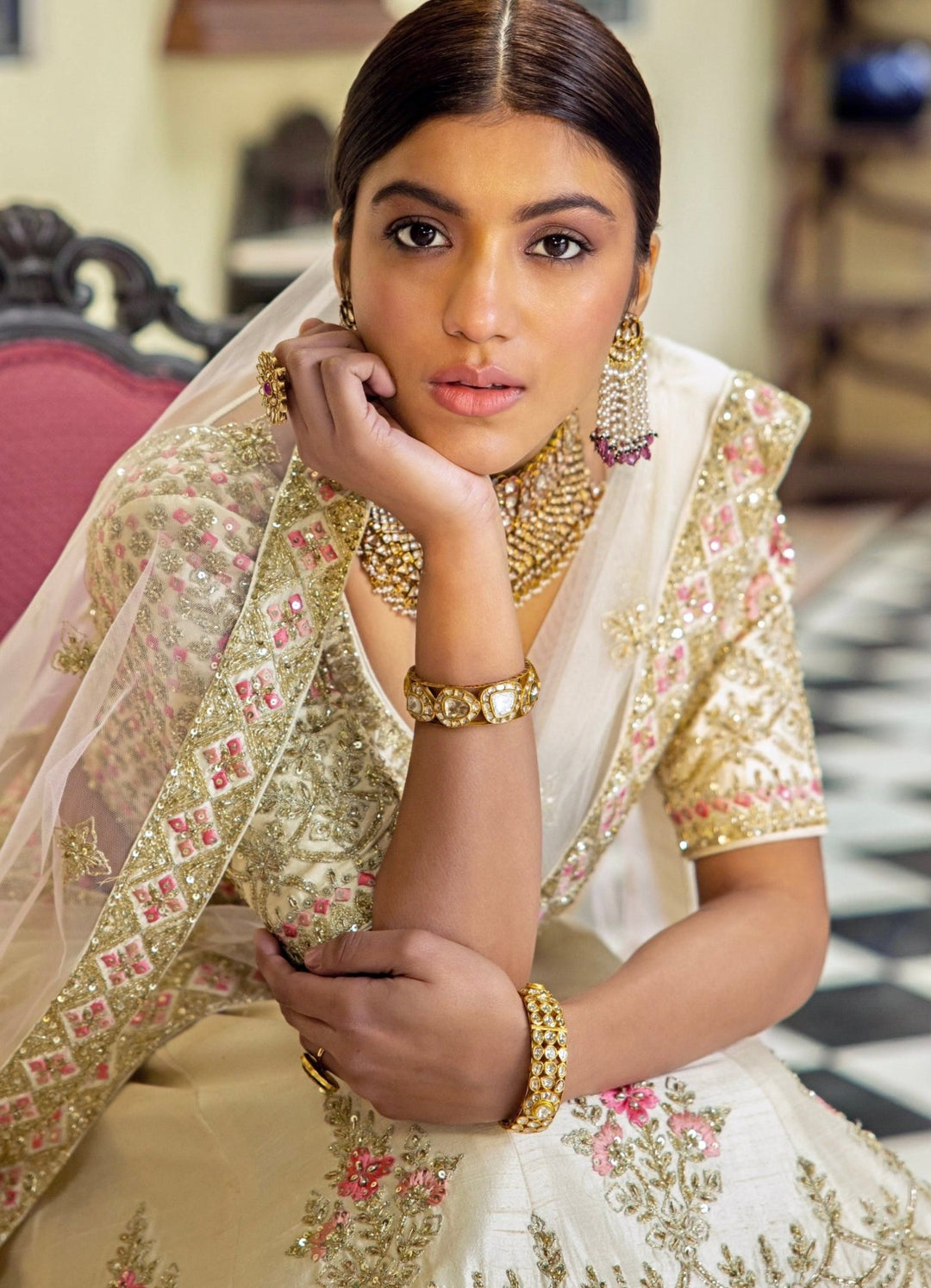 Tara Ivory and Blush Pink Double Dupatta Embroidered Silk Lehenga Set Angad Singh - Fabilicious Fashion