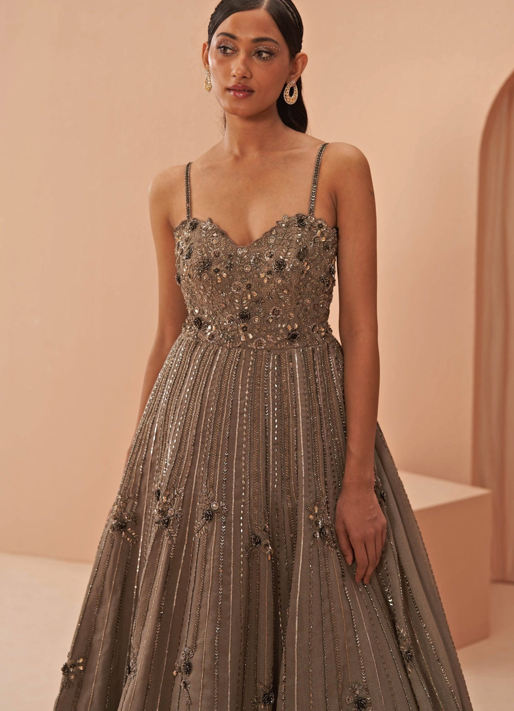 Taupe Moon Strappy gown Parul Gandhi - Fabilicious Fashion