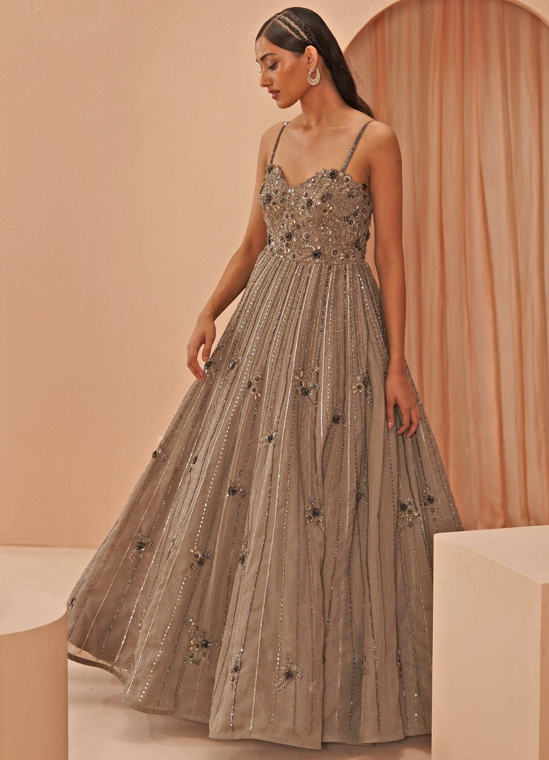 Taupe Moon Strappy gown Parul Gandhi - Fabilicious Fashion