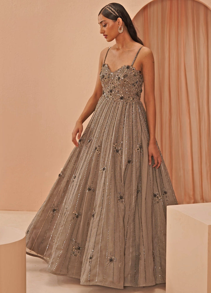 Taupe Moon Strappy gown Parul Gandhi - Fabilicious Fashion
