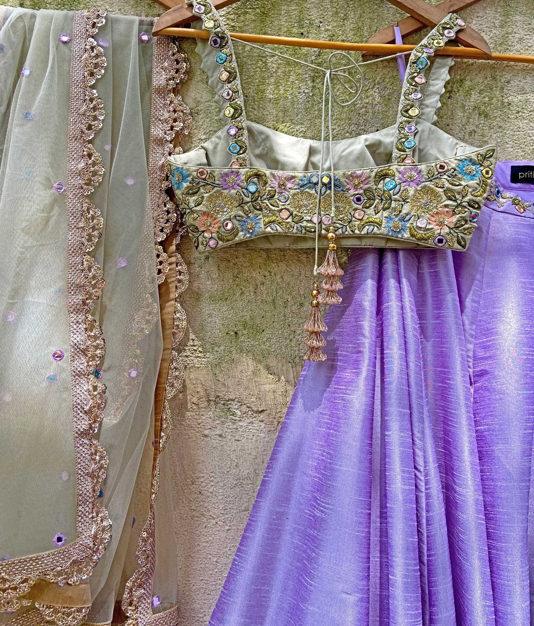 Tea Green Multi Hued Bustier Lavender Lehenga Set Priti Sahni - Fabilicious Fashion