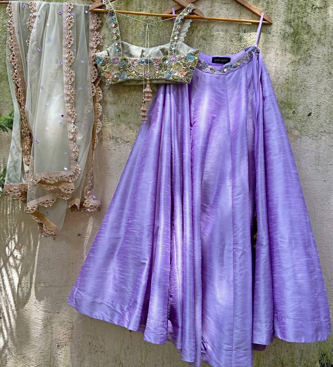 Tea Green Multi Hued Bustier Lavender Lehenga Set Priti Sahni - Fabilicious Fashion