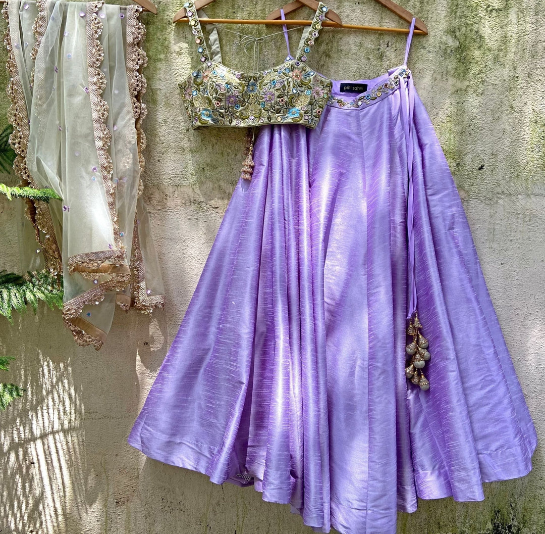 Tea Green Multi Hued Bustier Lavender Lehenga Set Priti Sahni - Fabilicious Fashion