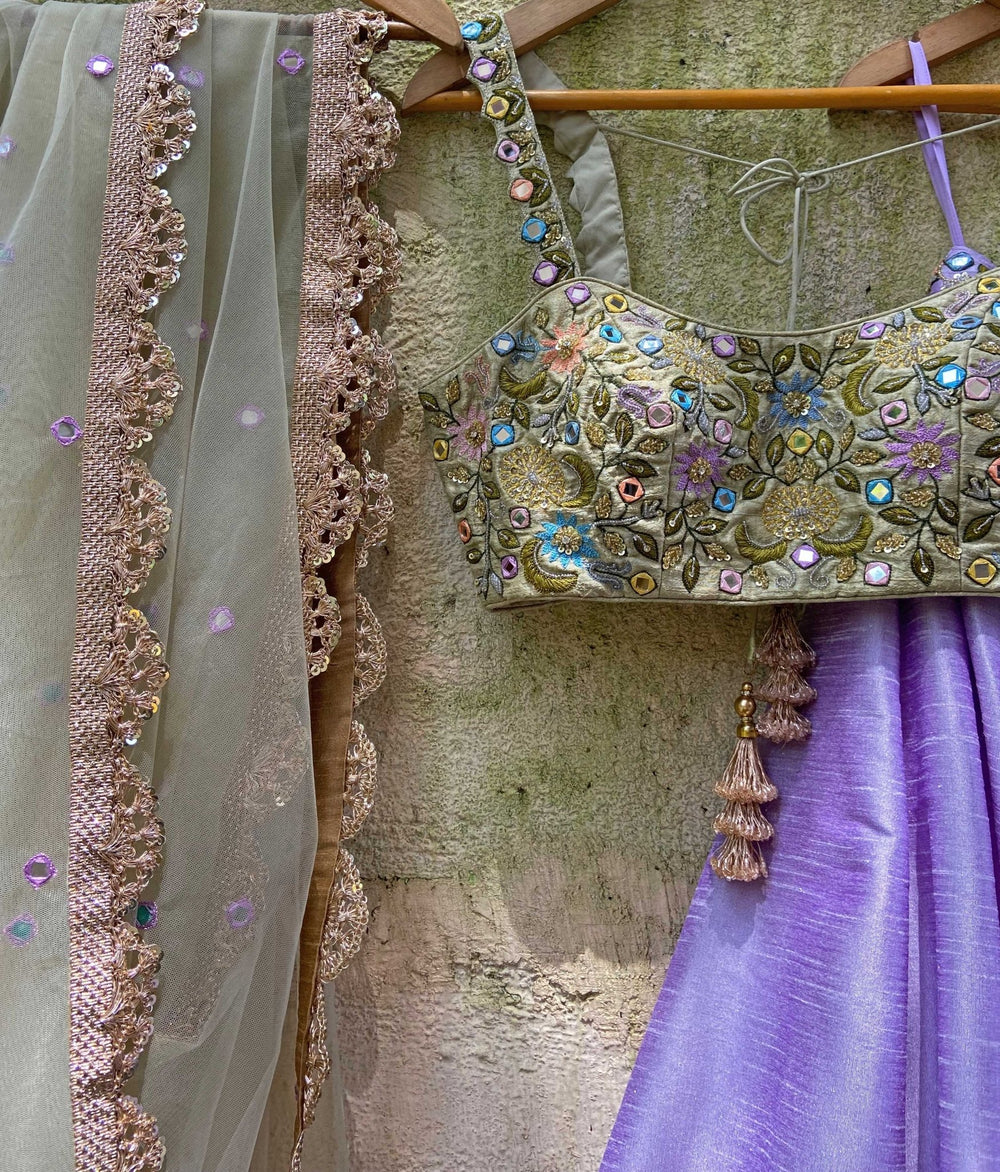 Tea Green Multi Hued Bustier Lavender Lehenga Set Priti Sahni - Fabilicious Fashion