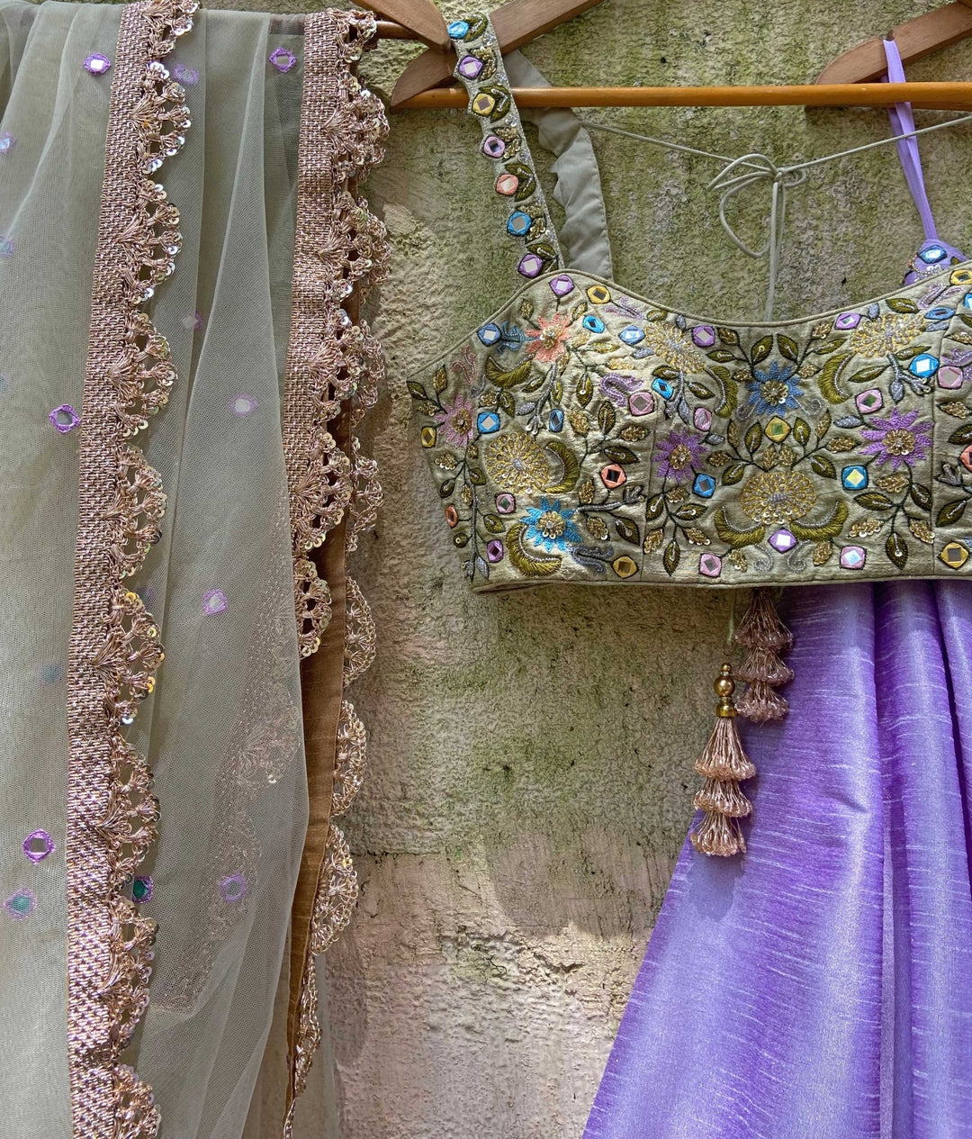 Tea Green Multi Hued Bustier Lavender Lehenga Set Priti Sahni - Fabilicious Fashion