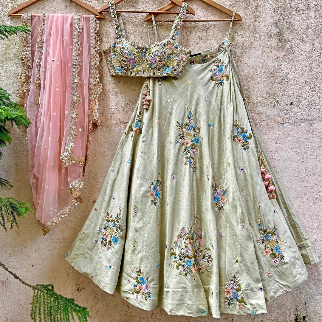 Tea Green Swan Lehenga Set Priti Sahni - Fabilicious Fashion