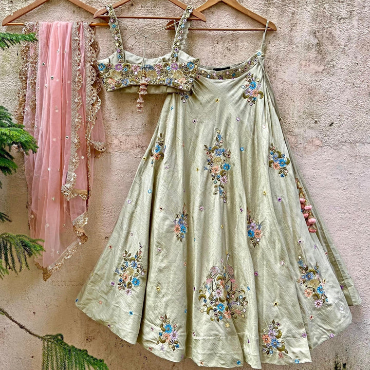 Tea Green Swan Lehenga Set Priti Sahni - Fabilicious Fashion