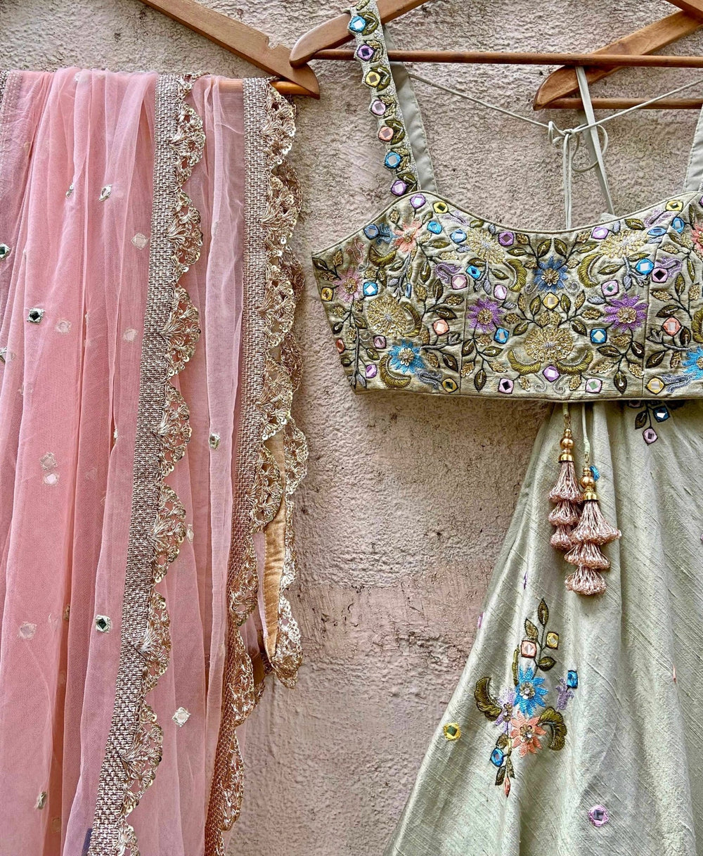 Tea Green Swan Lehenga Set Priti Sahni - Fabilicious Fashion