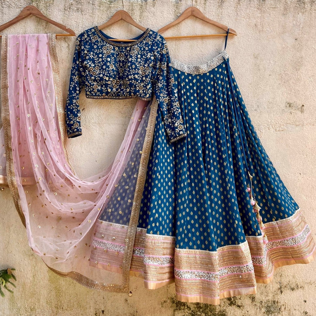 Teal and Blush Pink Embroidered Lehenga Set Priti Sahni - Fabilicious Fashion