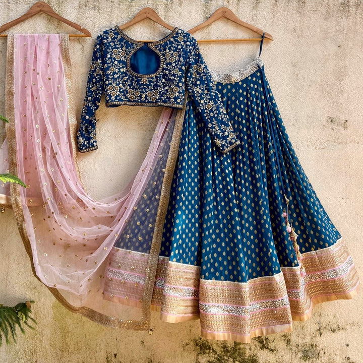 Teal and Blush Pink Embroidered Lehenga Set Priti Sahni - Fabilicious Fashion