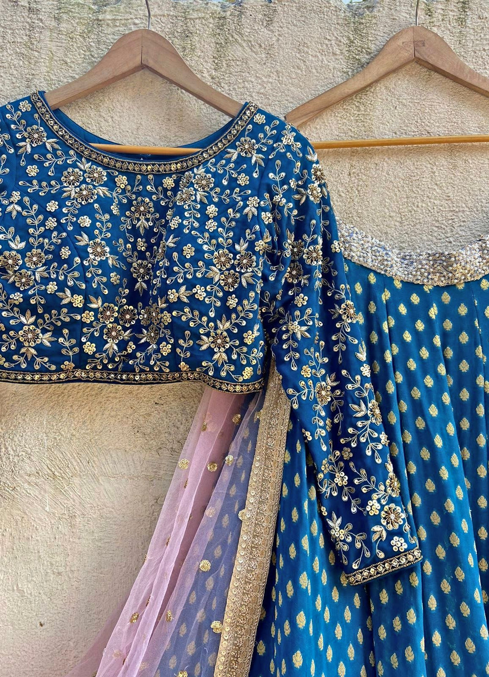 Teal and Blush Pink Embroidered Lehenga Set Priti Sahni - Fabilicious Fashion