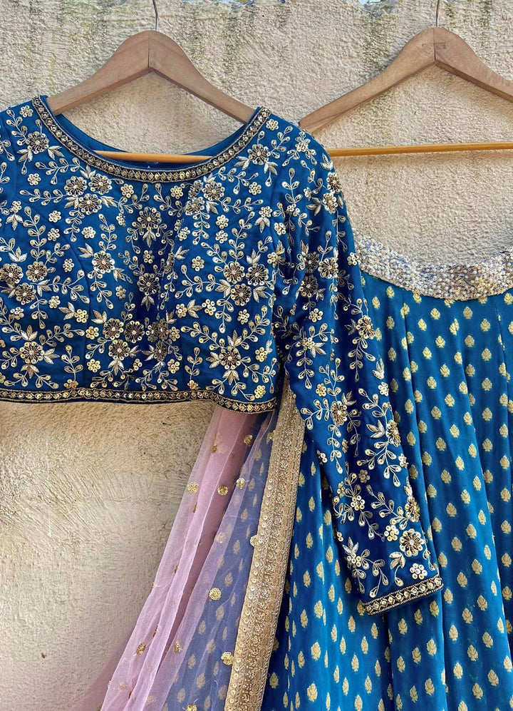 Teal and Blush Pink Embroidered Lehenga Set Priti Sahni - Fabilicious Fashion