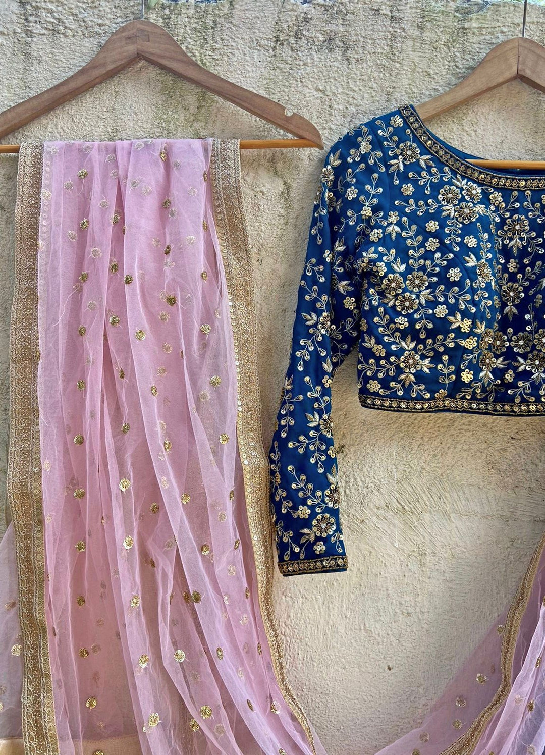 Teal and Blush Pink Embroidered Lehenga Set Priti Sahni - Fabilicious Fashion