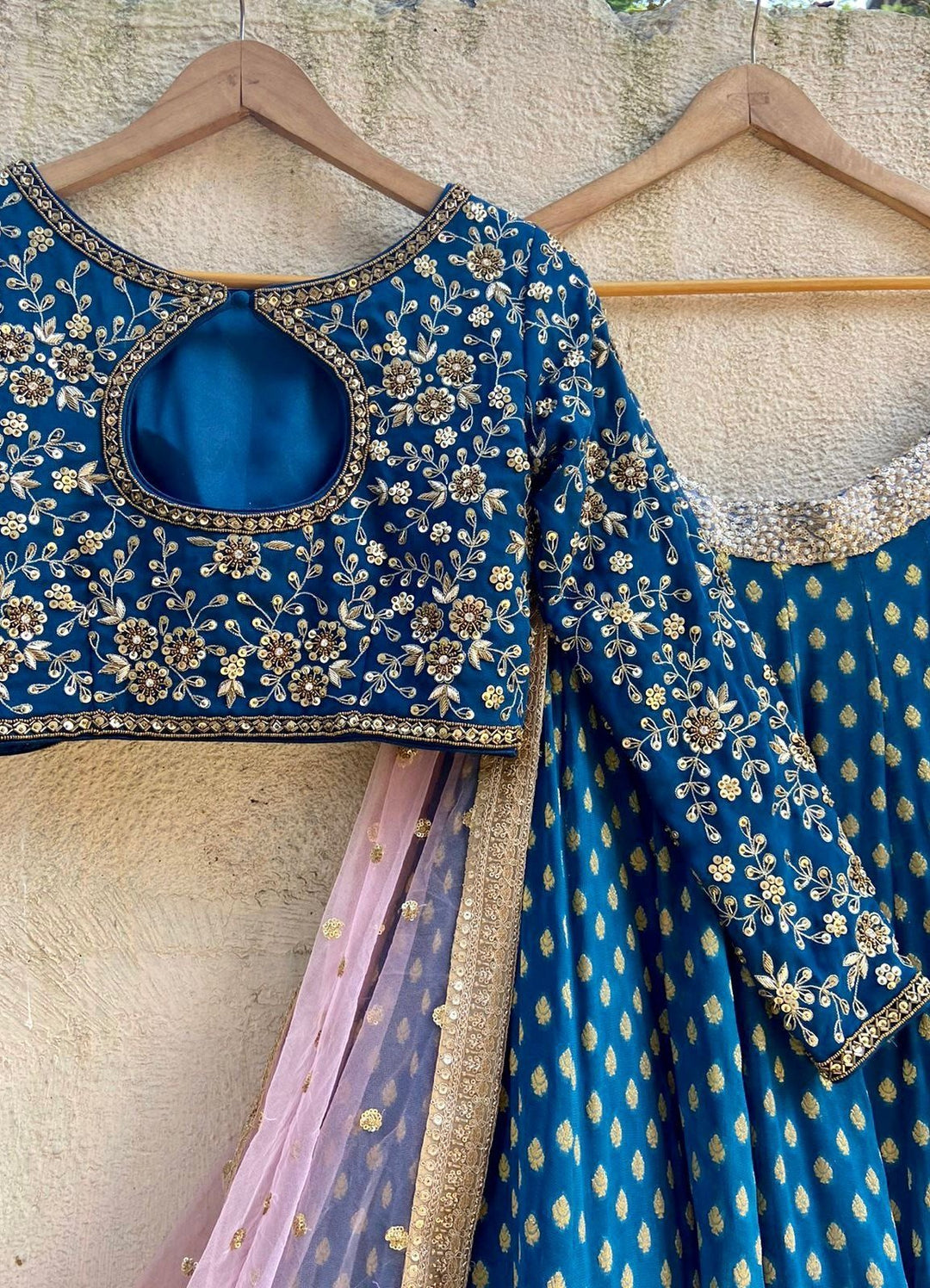 Teal and Blush Pink Embroidered Lehenga Set Priti Sahni - Fabilicious Fashion