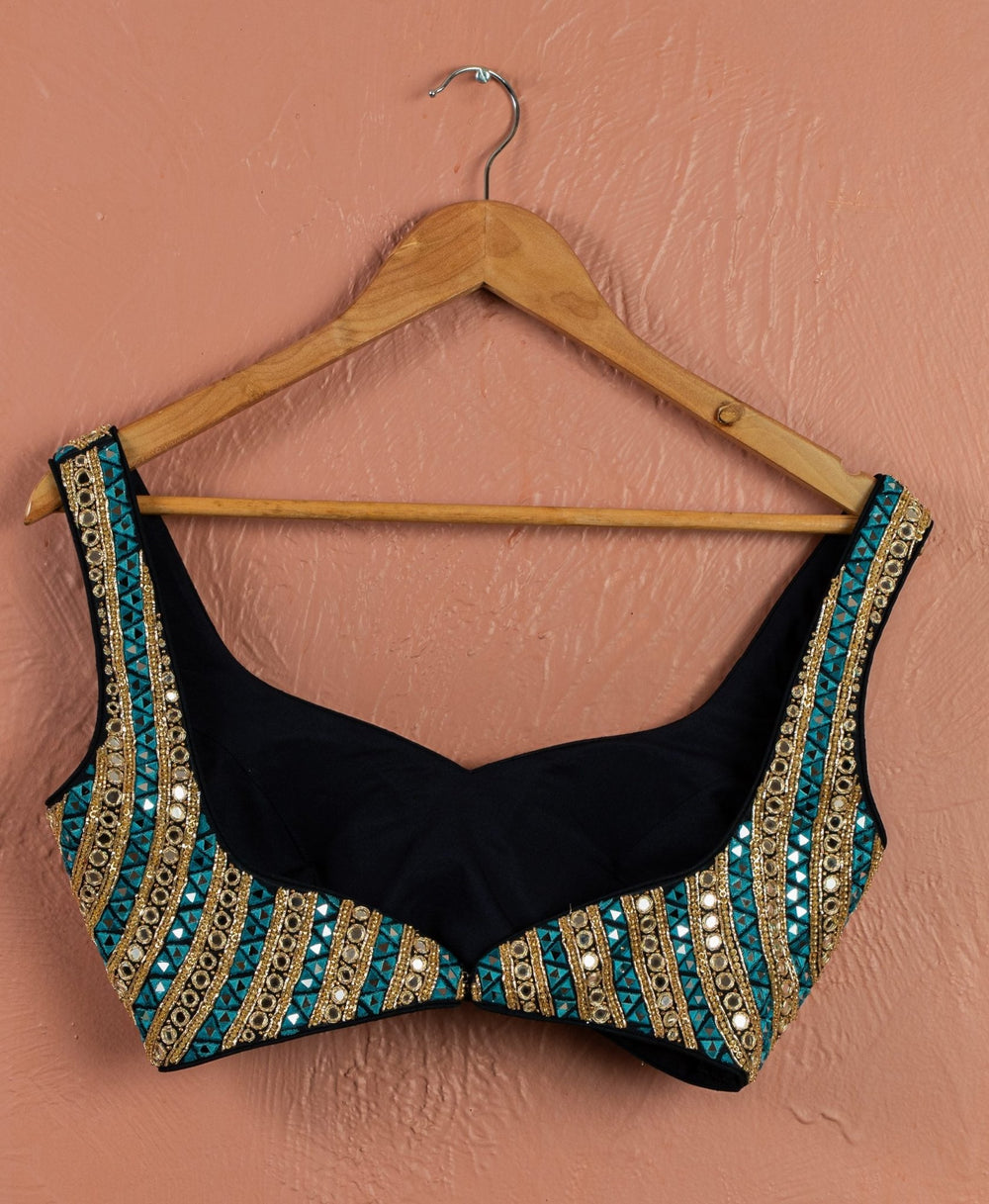 Teal Blue and Gold Mirror Raw Silk Blouse Anisha Shetty - Fabilicious Fashion