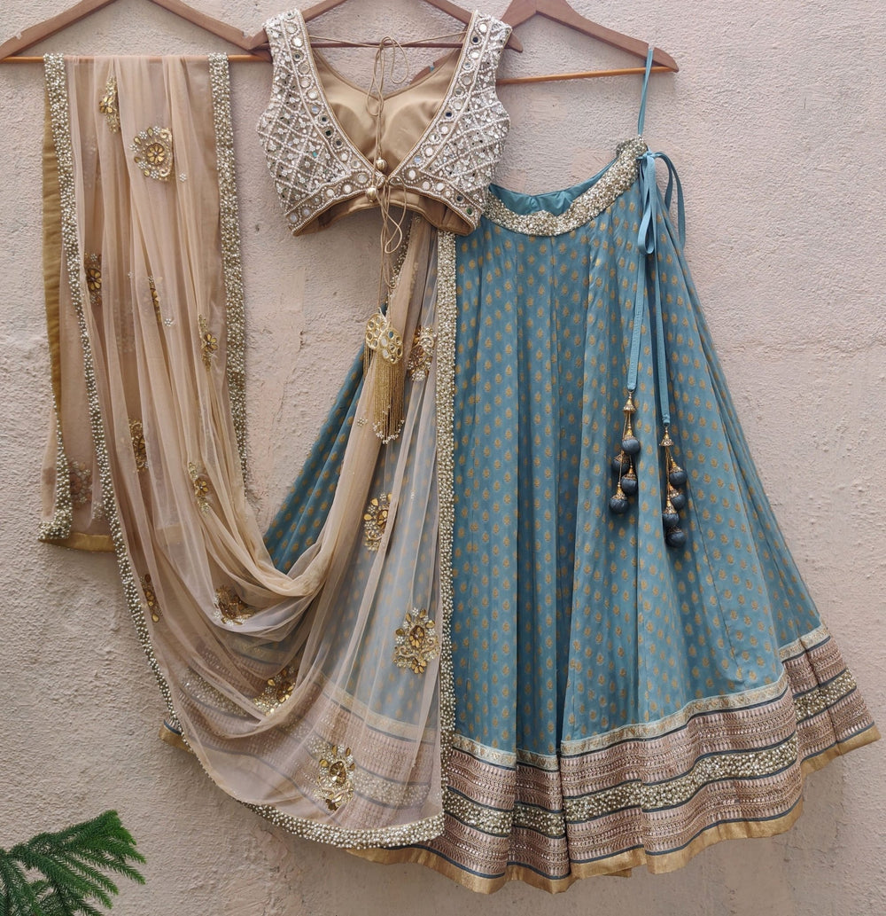 Teal Blue And Nude Lehenga Set Priti Sahni - Fabilicious Fashion