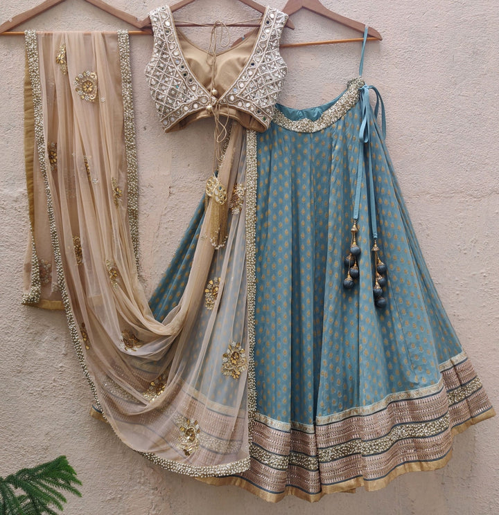 Teal Blue And Nude Lehenga Set Priti Sahni - Fabilicious Fashion