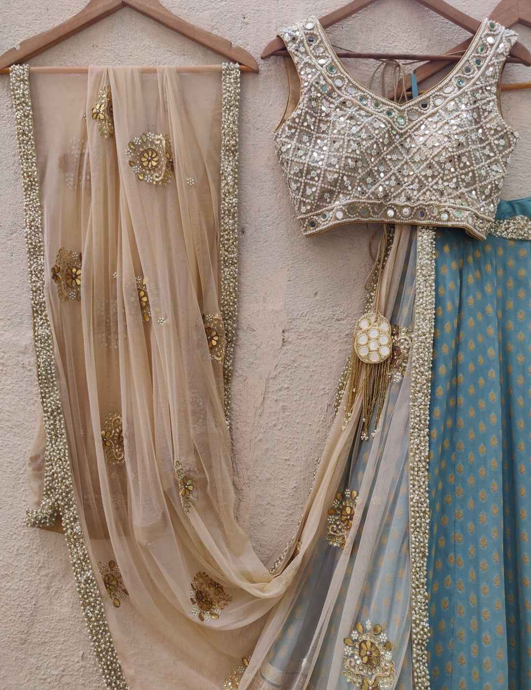 Teal Blue And Nude Lehenga Set Priti Sahni - Fabilicious Fashion