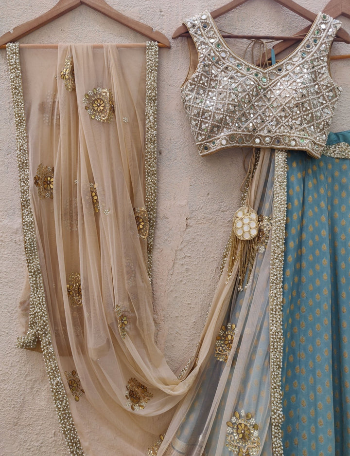 Teal Blue And Nude Lehenga Set Priti Sahni - Fabilicious Fashion