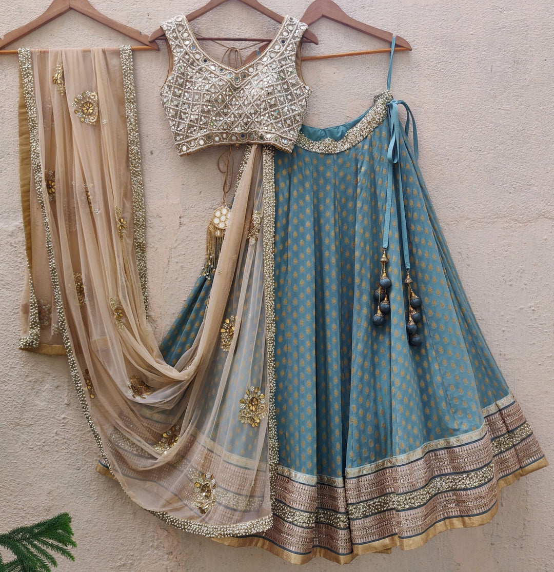Teal Blue And Nude Lehenga Set Priti Sahni - Fabilicious Fashion