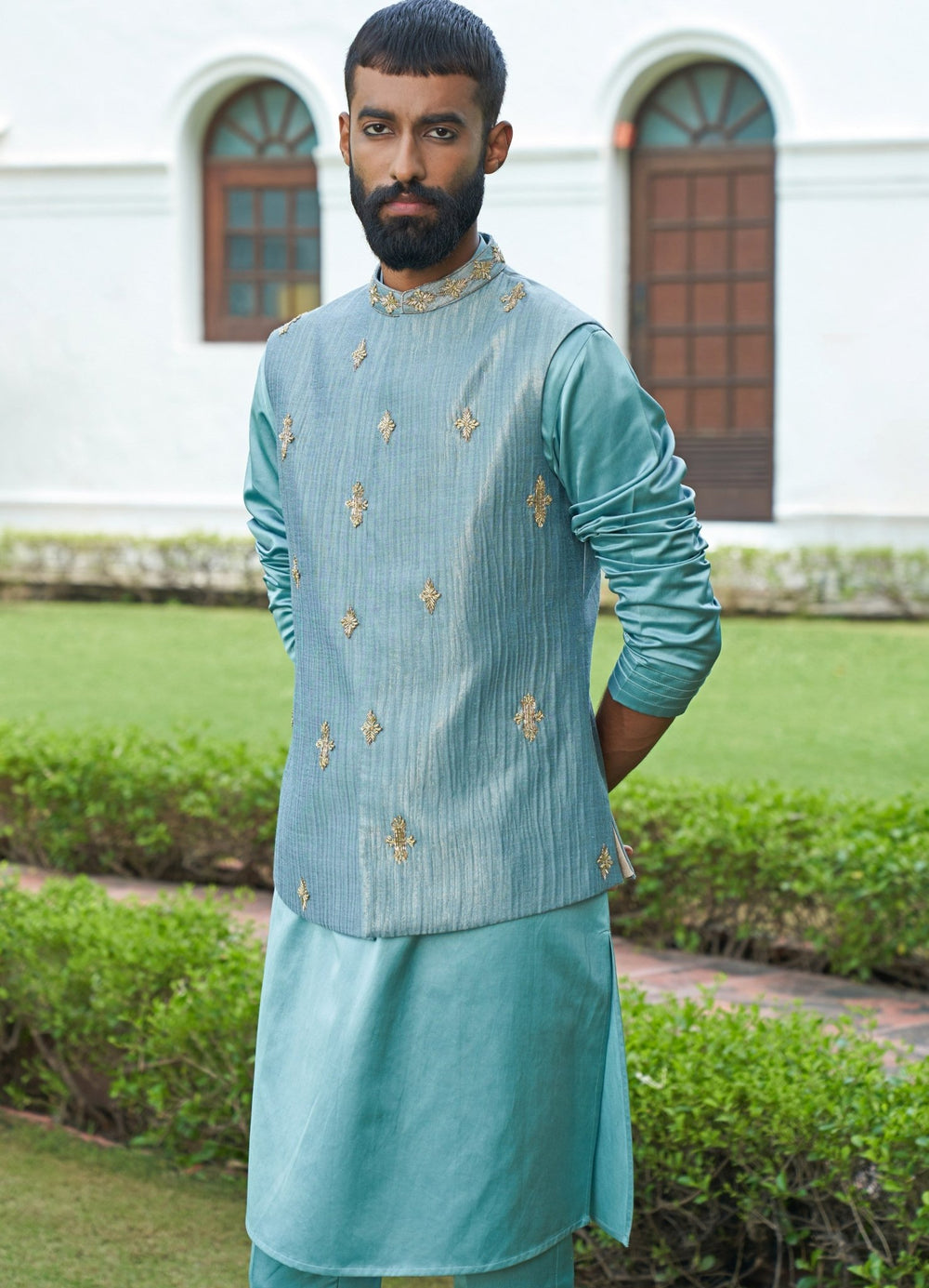 Teal Blue Crushed Jacket Set Contrast by Parth - Fabilicious Fashion