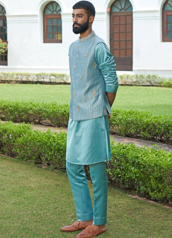 Teal Blue Crushed Jacket Set Contrast by Parth - Fabilicious Fashion