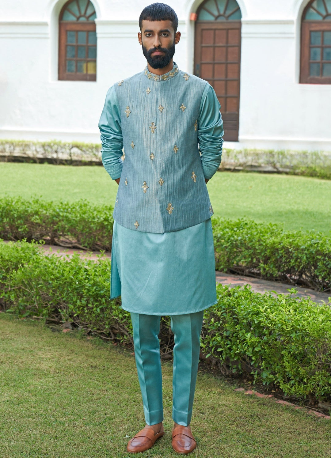 Teal Blue Crushed Jacket Set Contrast by Parth - Fabilicious Fashion