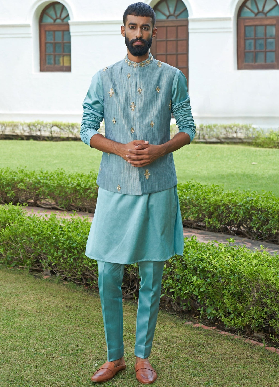 Teal Blue Crushed Jacket Set Contrast by Parth - Fabilicious Fashion