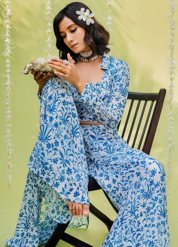 Teal Blue Floral Printed Crepe Co-ord Set Redpine - Fabilicious Fashion