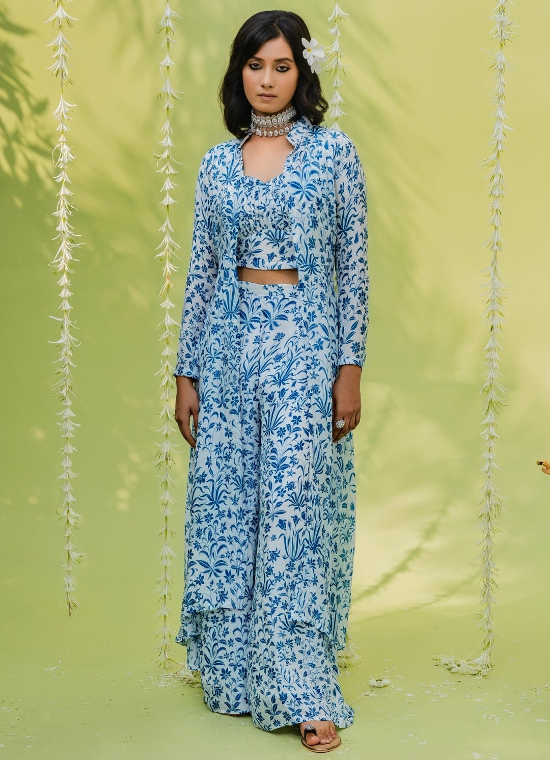 Teal Blue Floral Printed Crepe Co-ord Set Redpine - Fabilicious Fashion