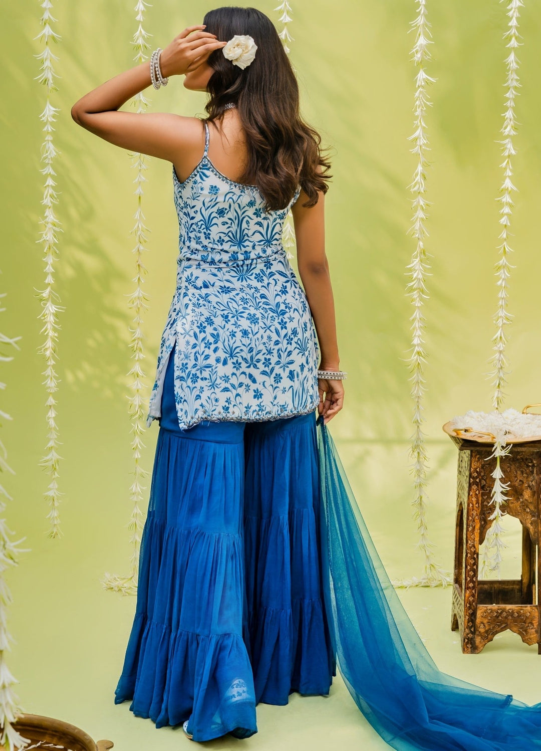 Teal Blue Floral Printed Crepe Sharara Set With Dupatta Redpine - Fabilicious Fashion