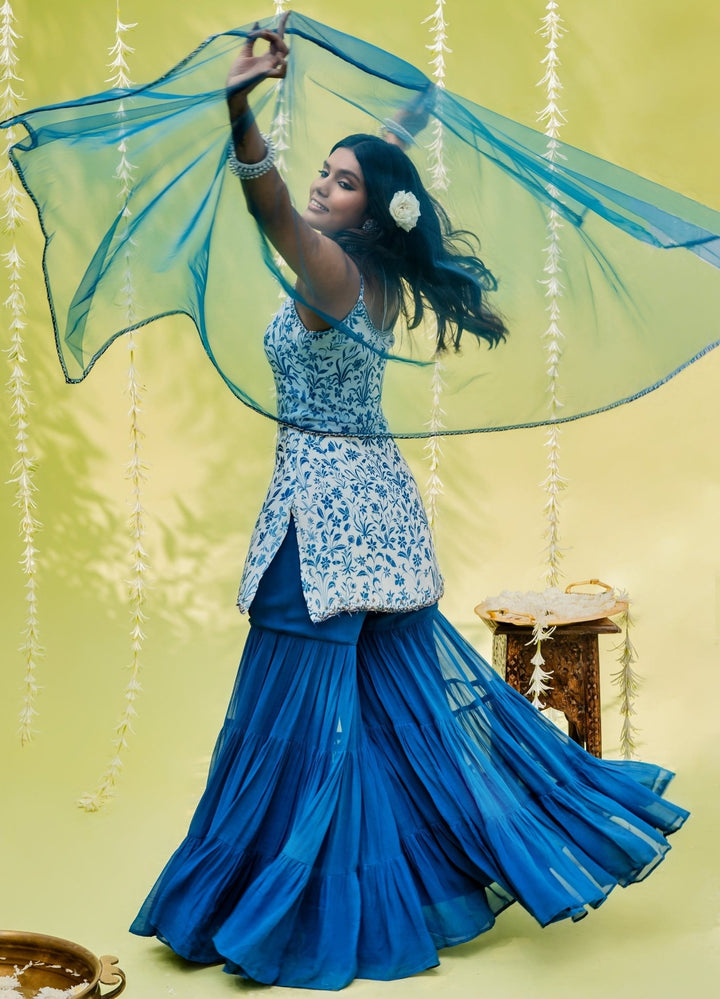 Teal Blue Floral Printed Crepe Sharara Set With Dupatta Redpine - Fabilicious Fashion