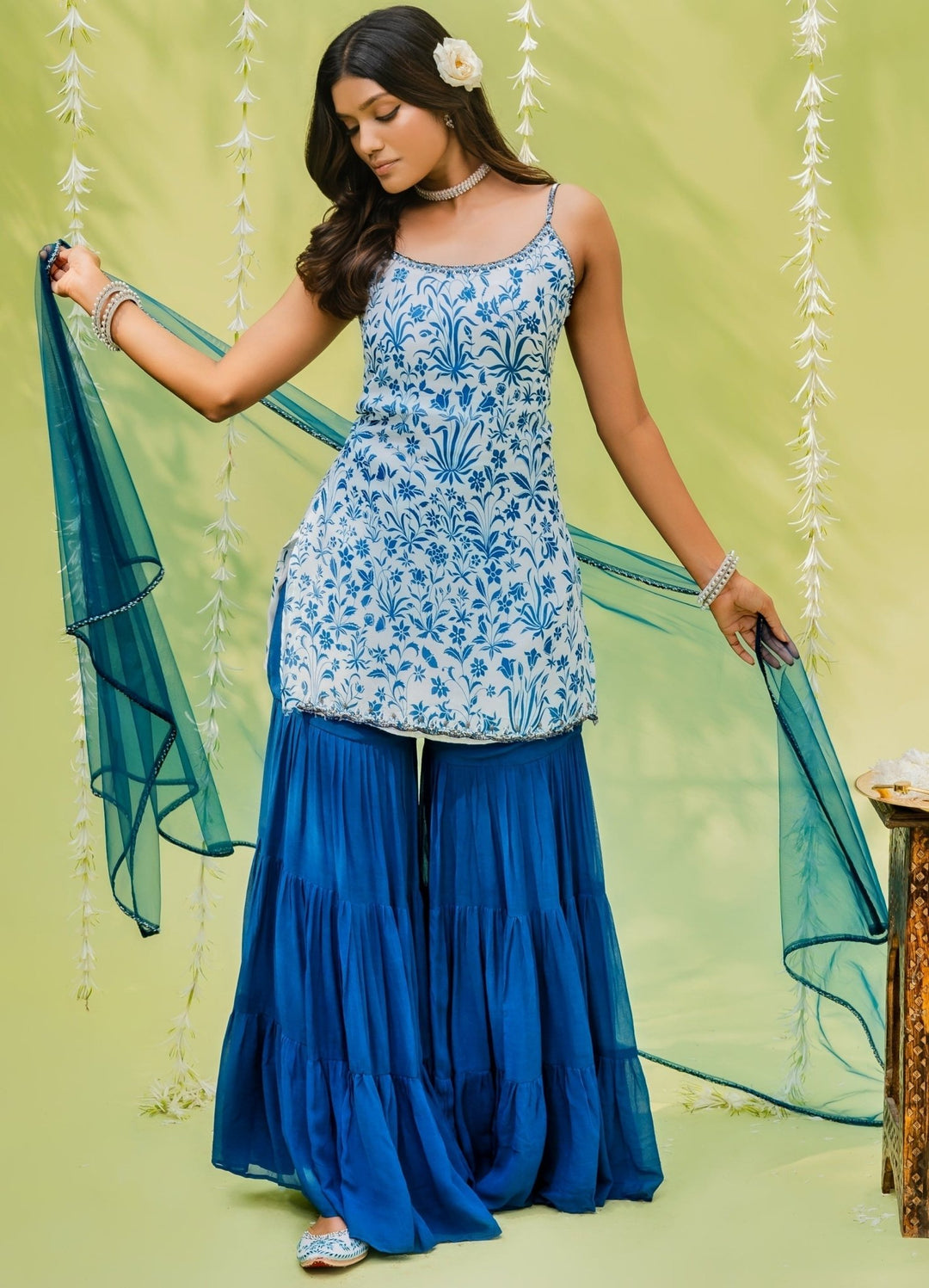 Teal Blue Floral Printed Crepe Sharara Set With Dupatta Redpine - Fabilicious Fashion